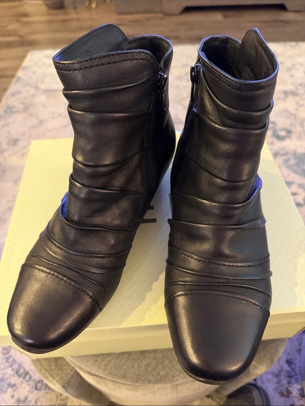 Women's Wide Black Leather Ankle Boots with Ruched Detail